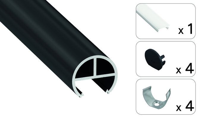 GreenIce Perfil de Aluminio KIMERA-BOVL Anodizado Negro con Difusor Opal y Tapones 2,02m