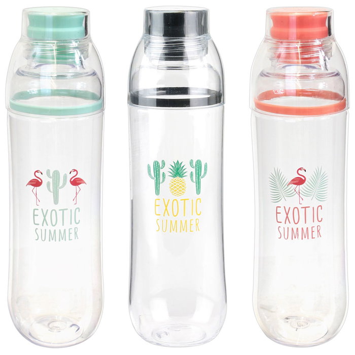 Pick and Drink Botella con Vaso 700 Ml, Plástico Transparente con Diseño EXOTIC SUMMER, Incluye Tapa que Sirve como Taza, Libre de BPA