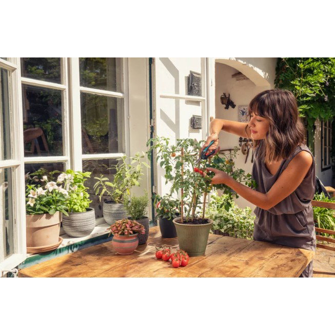 Gardena 12212-30 Tijeras FreshCut, Acero Inoxidable, Mango Negro/Azul, Agarre Suave, Bloqueo de Seguridad