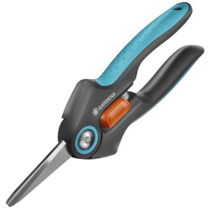 Gardena 12212-30 Tijeras FreshCut, Acero Inoxidable, Mango Negro/Azul, Agarre Suave, Bloqueo de Seguridad