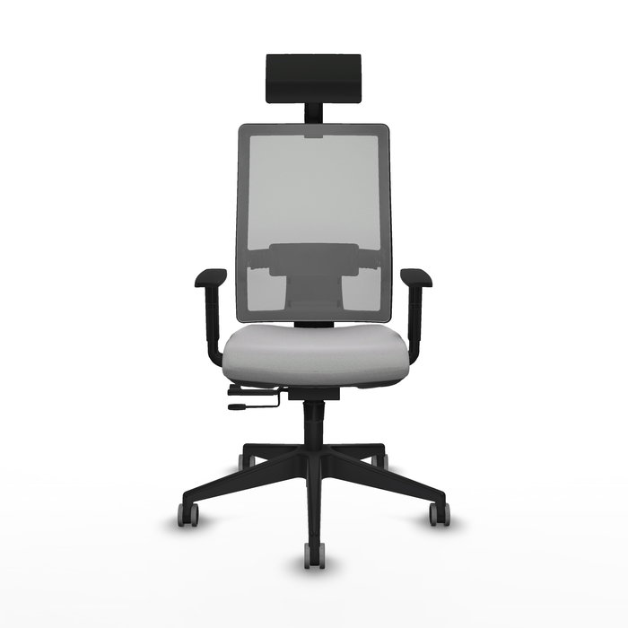 Silla de oficina Horna con mecanismo Sincro/Traslack tapizada con Tela color Gris claro y malla color Gris. Equipada con lumbar 1D, Brazos 1D, Cabecero Fijo y Ruedas 65 mm parqué
