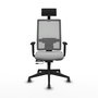 Silla de oficina Horna con mecanismo Sincro/Traslack tapizada con Tela color Gris claro y malla color Gris. Equipada con lumbar 1D, Brazos 1D, Cabecero Fijo y Ruedas 65 mm parqué
