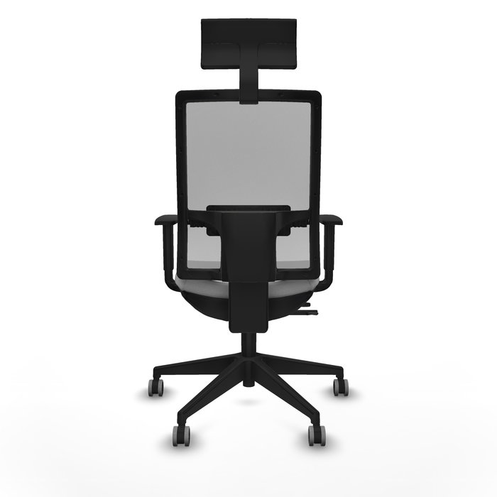 Silla de oficina Horna con mecanismo Sincro/Traslack tapizada con Tela color Gris claro y malla color Gris. Equipada con lumbar 1D, Brazos 1D, Cabecero Fijo y Ruedas 65 mm parqué