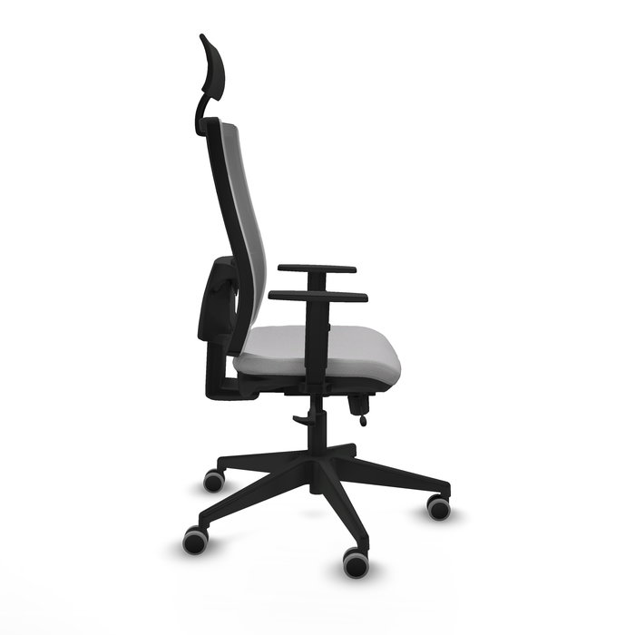 Silla de oficina Horna con mecanismo Sincro/Traslack tapizada con Tela color Gris claro y malla color Gris. Equipada con lumbar 1D, Brazos 1D, Cabecero Fijo y Ruedas 65 mm parqué