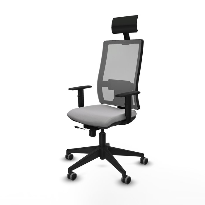 Silla de oficina Horna con mecanismo Sincro/Traslack tapizada con Tela color Gris claro y malla color Gris. Equipada con lumbar 1D, Brazos 1D, Cabecero Fijo y Ruedas 65 mm parqué
