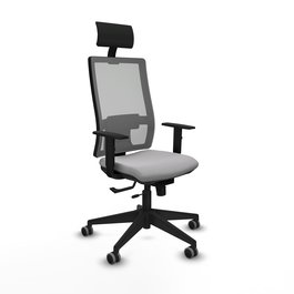 Silla de oficina Horna con mecanismo Sincro/Traslack tapizada con Tela color Gris claro y malla color Gris. Equipada con lumbar 1D, Brazos 1D, Cabecero Fijo y Ruedas 65 mm parqué