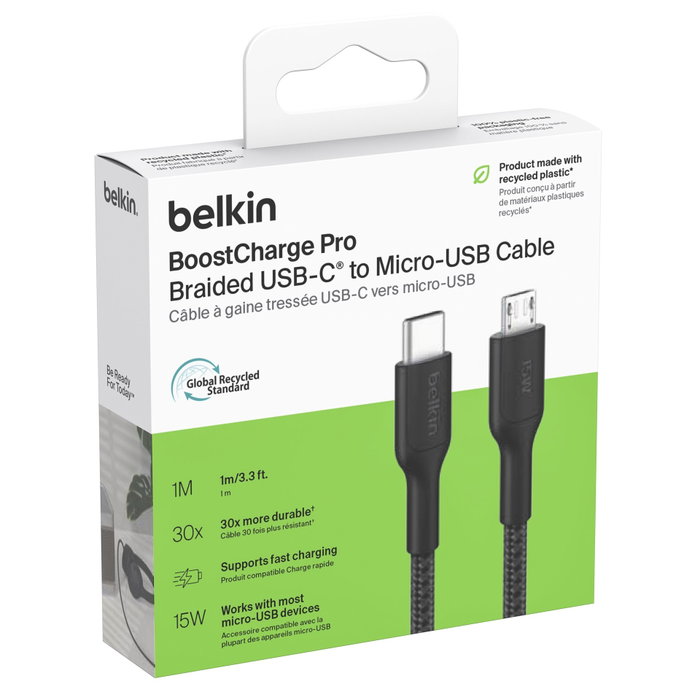 Belkin Cable USB-C a Micro-USB de 1 m trenzado, negro CAB026hq1MBK