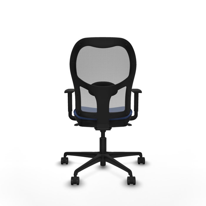 Silla de oficina Jorquera con mecanismo Sincro tapizada con Tela color Azul marino y malla color Gris. Equipada con lumbar 1D, Brazos 1D y Ruedas 65mm nailon