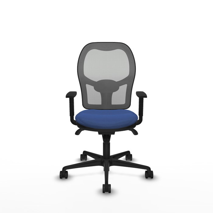 Silla de oficina Jorquera con mecanismo Sincro tapizada con Tela color Azul marino y malla color Gris. Equipada con lumbar 1D, Brazos 1D y Ruedas 65mm nailon