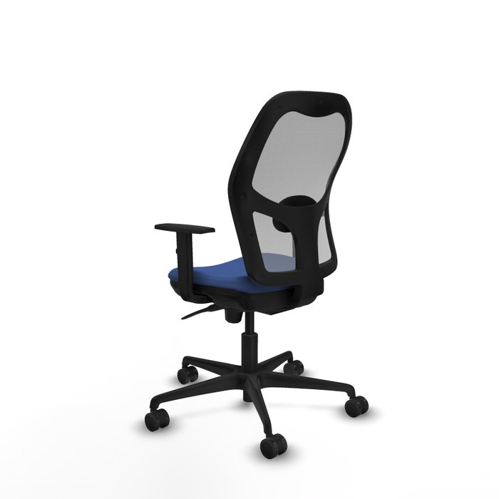 Silla de oficina Jorquera con mecanismo Sincro tapizada con Tela color Azul marino y malla color Gris. Equipada con lumbar 1D, Brazos 1D y Ruedas 65mm nailon