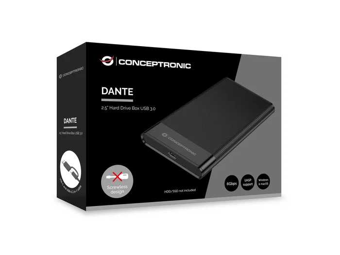 Conceptronic DANTE06B Carcasa Externa para Disco Duro/SSD 2.5", USB-C 3.2 Gen 1 (6 Gbps), Compatible con Hasta 10 TB, Altura 7/9.5mm, Plug & Play, Negro