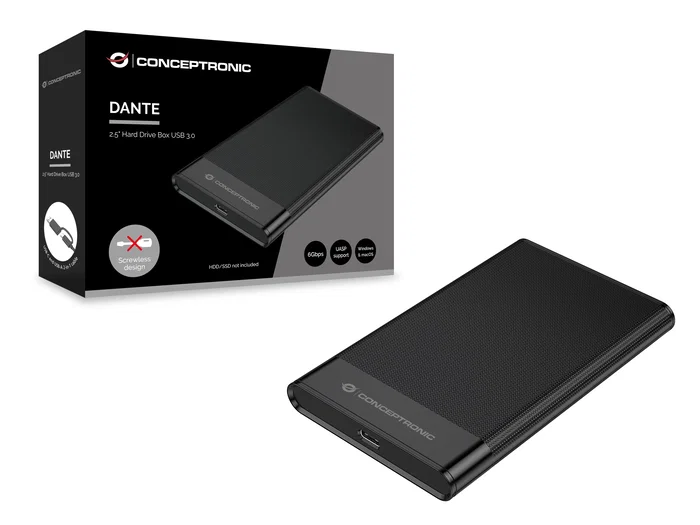 Conceptronic DANTE06B Carcasa Externa para Disco Duro/SSD 2.5", USB-C 3.2 Gen 1 (6 Gbps), Compatible con Hasta 10 TB, Altura 7/9.5mm, Plug & Play, Negro