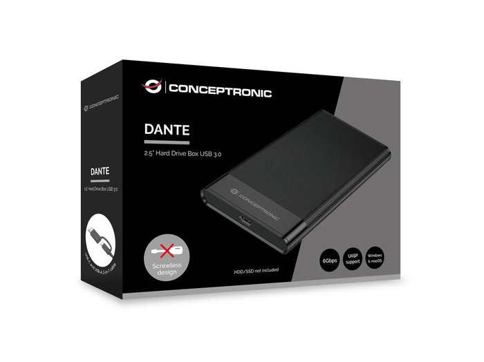 Conceptronic Caja Externa USB 3.2 para HDD/SSD SATA de 2.5 Pulgadas, 5 Gbps, USB-C/A, Modelo DANTE06B, Negro