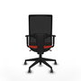 Silla de oficina Horna con mecanismo Sincro tapizada con Tela color Naranja oscuro y malla color Negro. Equipada con lumbar 1D, Brazos 1D y Ruedas 65 mm parqué