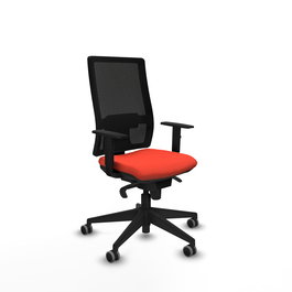 Silla de oficina Horna con mecanismo Sincro tapizada con Tela color Naranja oscuro y malla color Negro. Equipada con lumbar 1D, Brazos 1D y Ruedas 65 mm parqué