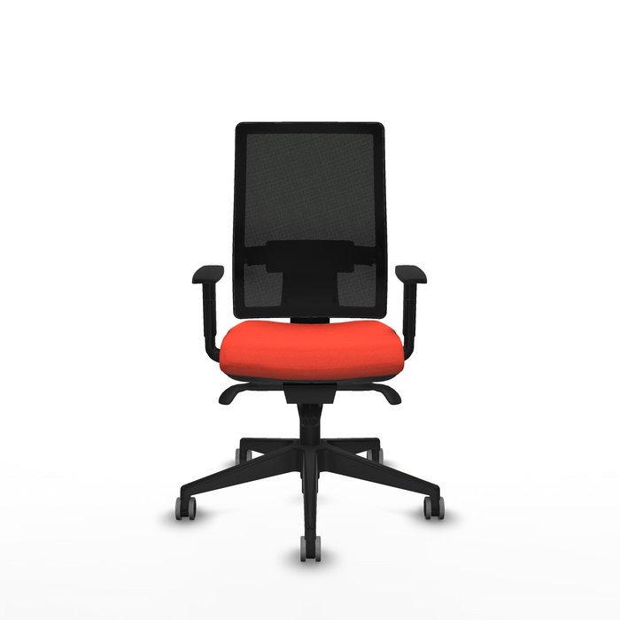 Silla de oficina Horna con mecanismo Sincro tapizada con Tela color Naranja oscuro y malla color Negro. Equipada con lumbar 1D, Brazos 1D y Ruedas 65 mm parqué
