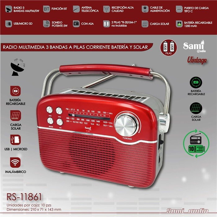 SAMI Radio Vintage 3 bandas - Funciona con AC, Pilas, Solar y Batería