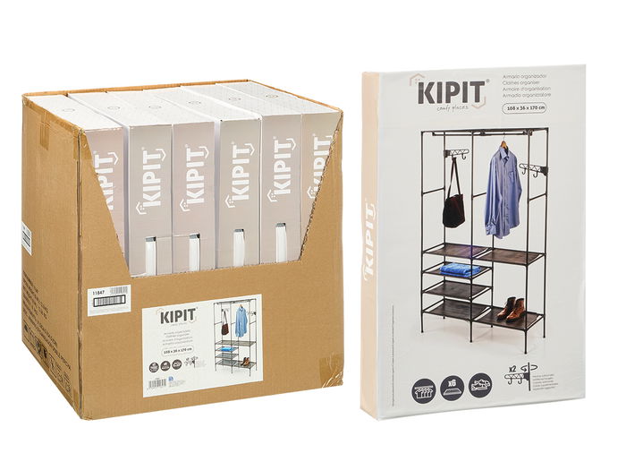 Kipit Armario Organizador Doble Percha 52x28x8 cm Metal Plástico Tela Negro con 6 Estantes y 2 Barras (Set de 6)
