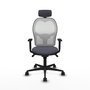 Silla de oficina Jorquera con mecanismo Sincro tapizada con Tela color Gris oscuro y malla color Blanco. Equipada con lumbar 1D, Brazos 1D, Cabecero 2D y Ruedas 65mm nailon