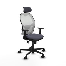 Silla de oficina Jorquera con mecanismo Sincro tapizada con Tela color Gris oscuro y malla color Blanco. Equipada con lumbar 1D, Brazos 1D, Cabecero 2D y Ruedas 65mm nailon