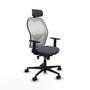 Silla de oficina Jorquera con mecanismo Sincro tapizada con Tela color Gris oscuro y malla color Blanco. Equipada con lumbar 1D, Brazos 1D, Cabecero 2D y Ruedas 65mm nailon
