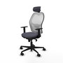 Silla de oficina Jorquera con mecanismo Sincro tapizada con Tela color Gris oscuro y malla color Blanco. Equipada con lumbar 1D, Brazos 1D, Cabecero 2D y Ruedas 65mm nailon
