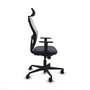 Silla de oficina Jorquera con mecanismo Sincro tapizada con Tela color Gris oscuro y malla color Blanco. Equipada con lumbar 1D, Brazos 1D, Cabecero 2D y Ruedas 65mm nailon