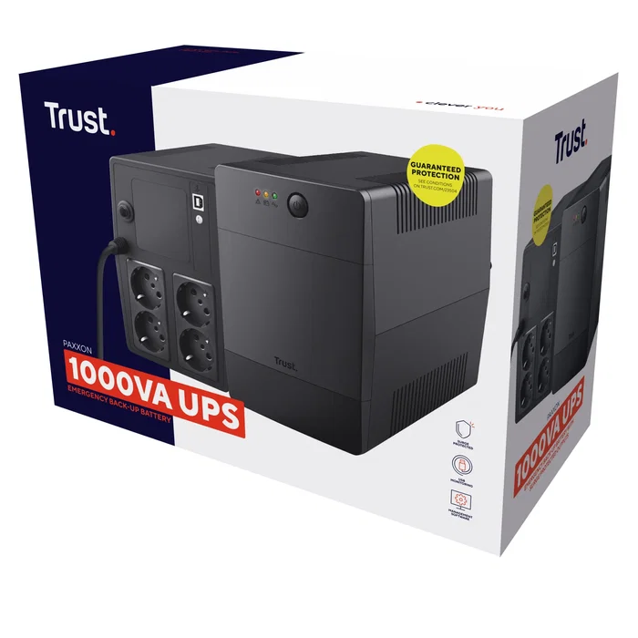 Trust PAXXON SAI/UPS de 1000VA/600W con 4 Salidas AC, Función AVR, Protección Sobretensión y Puerto USB para Ordenador, TV o Router, Formato Torre