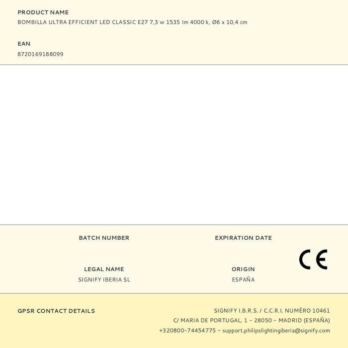 Philips Bombilla LED Classic E27 7,3W 1535lm 4000K Luz Día Mate Ø6 x 10,4 cm