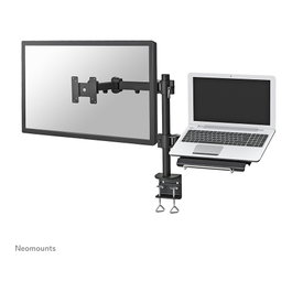 Neomounts FPMA-D960NOTEBOOK - Brazo de monitor con soporte para portátil y pantallas hasta 27", abrazadera para escritorio, carga 10 kg, VESA 100x100/75x75 mm, Negro