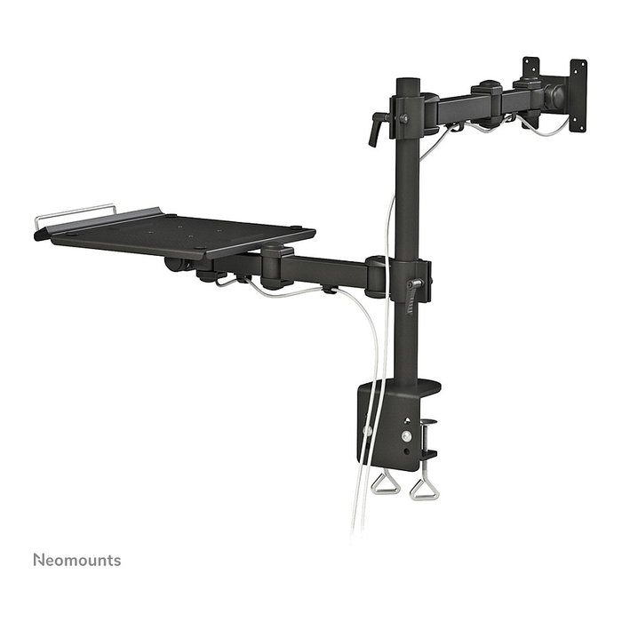 Neomounts FPMA-D960NOTEBOOK - Brazo de monitor con soporte para portátil y pantallas hasta 27", abrazadera para escritorio, carga 10 kg, VESA 100x100/75x75 mm, Negro