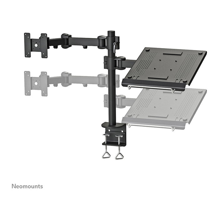 Neomounts FPMA-D960NOTEBOOK - Brazo de monitor con soporte para portátil y pantallas hasta 27", abrazadera para escritorio, carga 10 kg, VESA 100x100/75x75 mm, Negro