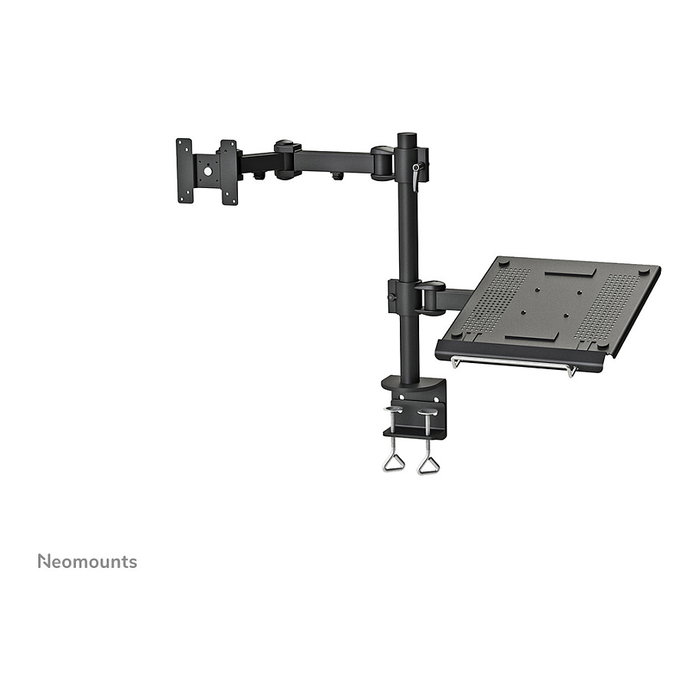 Neomounts FPMA-D960NOTEBOOK - Brazo de monitor con soporte para portátil y pantallas hasta 27", abrazadera para escritorio, carga 10 kg, VESA 100x100/75x75 mm, Negro