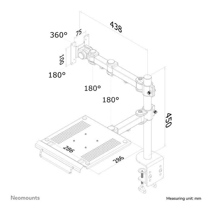Neomounts FPMA-D960NOTEBOOK - Brazo de monitor con soporte para portátil y pantallas hasta 27", abrazadera para escritorio, carga 10 kg, VESA 100x100/75x75 mm, Negro