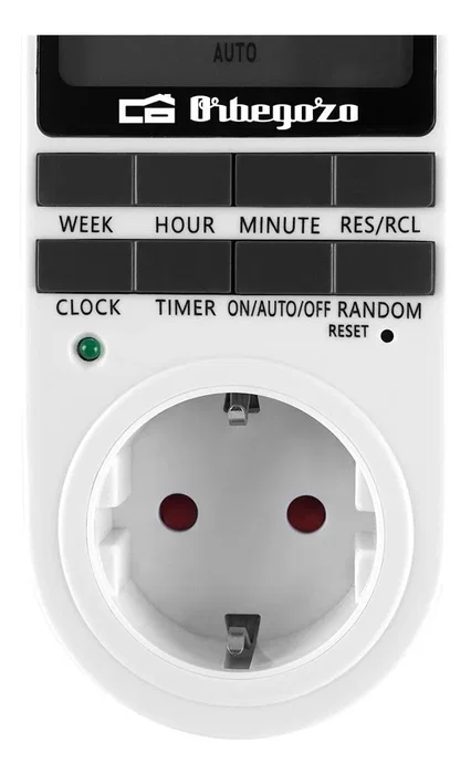 Orbegozo PG 25 - Programador Eléctrico Semanal de Enchufe, 16 Programas, Ahorro Energía y Función Antirrobo, Máx. 3680W, Negro/Blanco