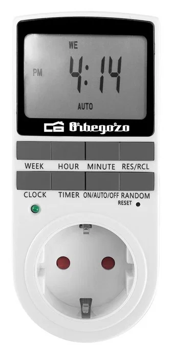 Orbegozo PG 25 - Programador Eléctrico Semanal de Enchufe, 16 Programas, Ahorro Energía y Función Antirrobo, Máx. 3680W, Negro/Blanco