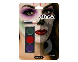 Atosa Kit de Maquillaje Rojo, Verde y Violeta con Pestañas Postizas para Look Terrorífico