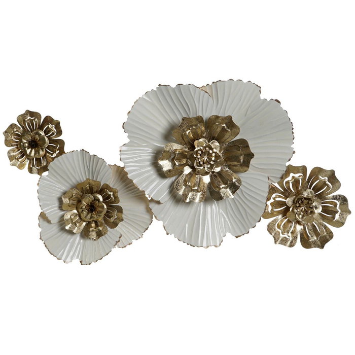 DKD Home Decor Decoración de Pared Metal Flores Dorado y Blanco