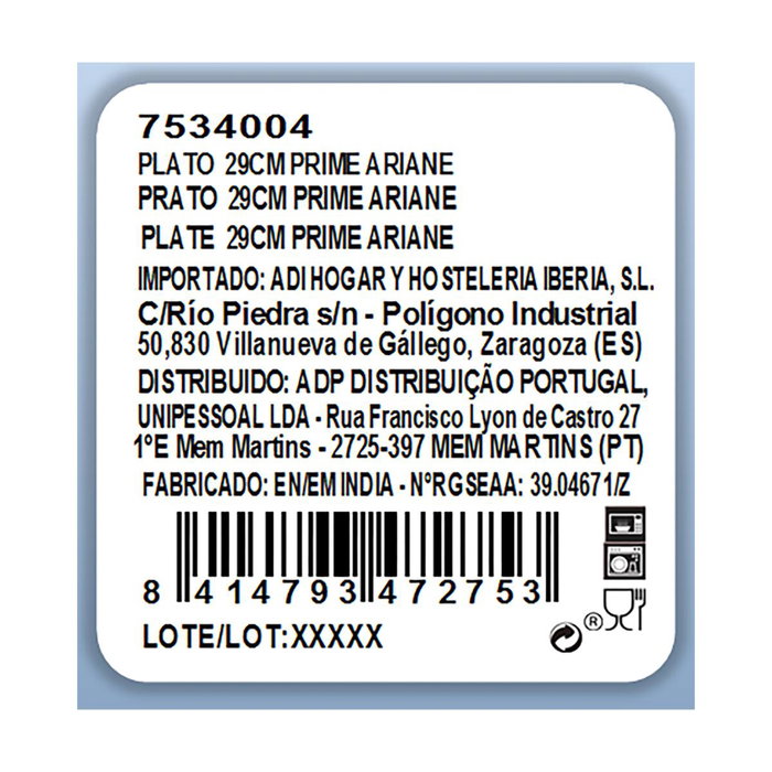 Plato Llano Porcelana Prime Ariane 29 cm