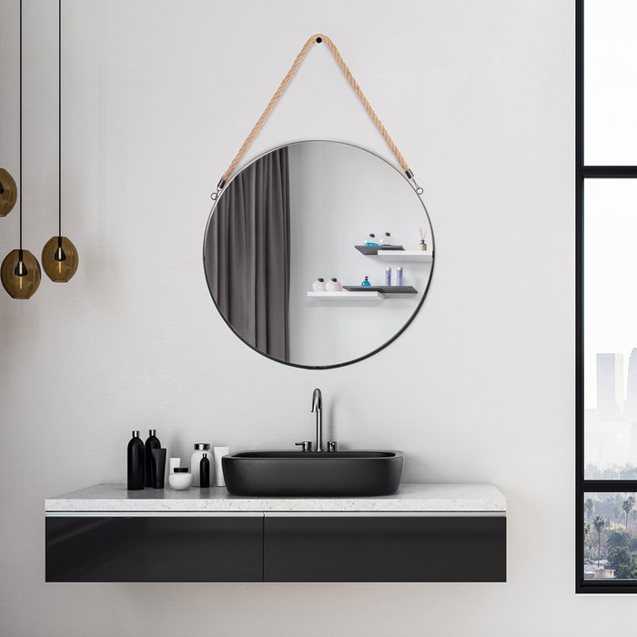 Home Deco Factory Espejo con Asa y Cuerda Natural Diámetro 50 cm
