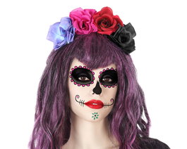Diadema Catrina Halloween Mujer Adulto Flores Multicolor para Día de Muertos, Disfraces Esqueleto Elegante, Sesiones Fotográficas Temáticas o Eventos Culturales