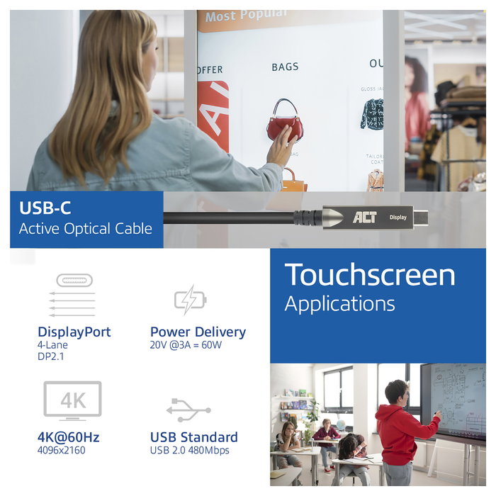 ACT USB-C 3.2 Gen2 Active Optical Cable (AOC) de 3m para paneles táctiles, vídeo, datos y alimentación