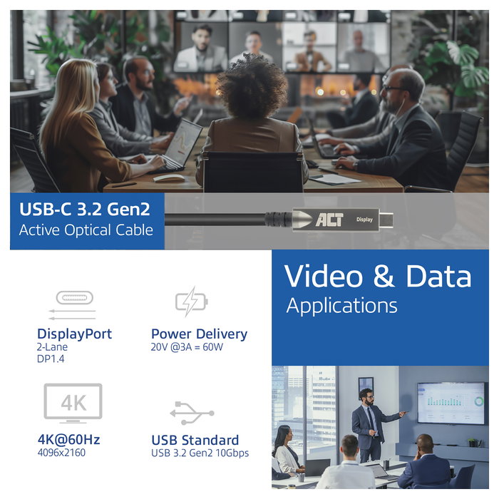 ACT USB-C 3.2 Gen2 Active Optical Cable (AOC) de 3m para paneles táctiles, vídeo, datos y alimentación