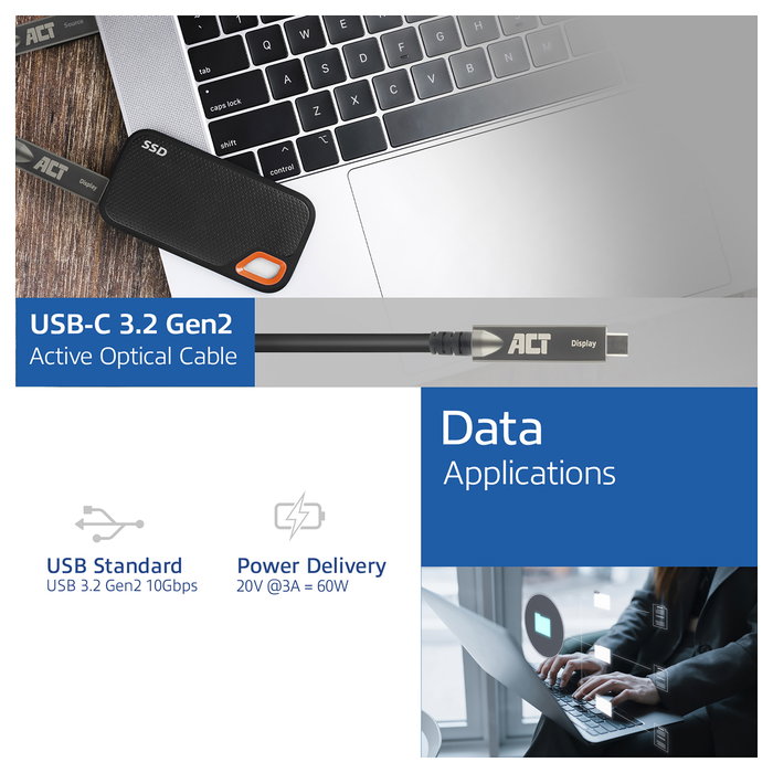 ACT USB-C 3.2 Gen2 Active Optical Cable (AOC) de 3m para paneles táctiles, vídeo, datos y alimentación