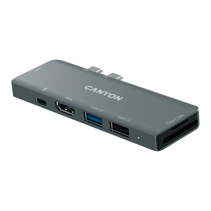 Canyon DS-5 Hub 7-en-1 Gris con 2xHDMI, USB 3.0, USB 2.0 y ranura SD Canyon DS-5 Hub 7-en-1 Gris con 2xHDMI, USB 3.0, USB 2.0 y ranura SD