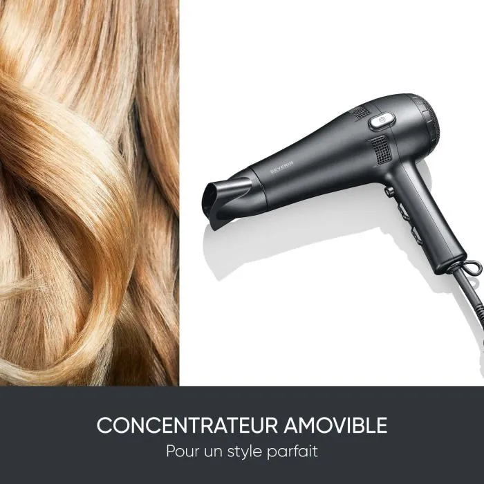 Severin Secador de Pelo HT 0165 2100 W con Difusor, Concentrador, Cable Retráctil, 3 Ajustes de Temperatura - Negro