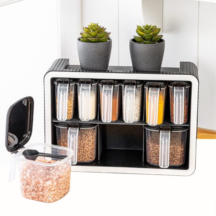 Hermia BNM-9516 Juego de 10 Tarros de Especias Antracita Plástico para Cocina con Cierre Hermético Hermia BNM-9516 Juego de 10 Tarros de Especias Antracita Plástico para Cocina con Cierre Hermético