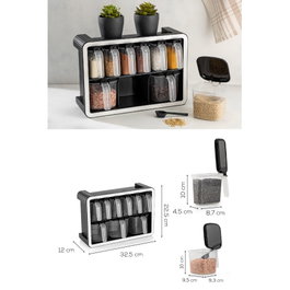 Hermia BNM-9516 Juego de 10 Tarros de Especias Antracita Plástico para Cocina con Cierre Hermético