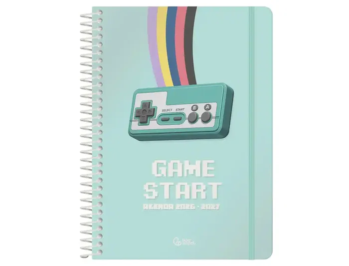 Liderpapel Agenda Escolar 2026-2027 Colección Game On, A5 Día Página, Espiral, Interior Bilingüe, Papel FSC 80g, Verde, con Gomilla y Pegatinas