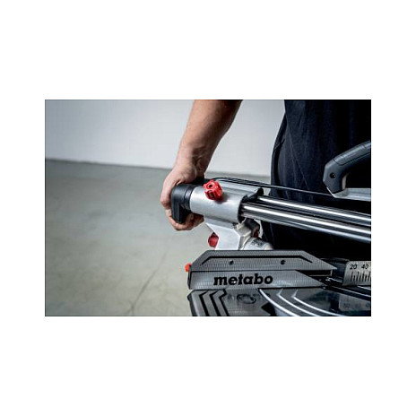 Metabo KGS216M Sierra de inglete con carriles deslizantes y guía láser, 216 mm, 1200 W, 5000 RPM, para corte en madera